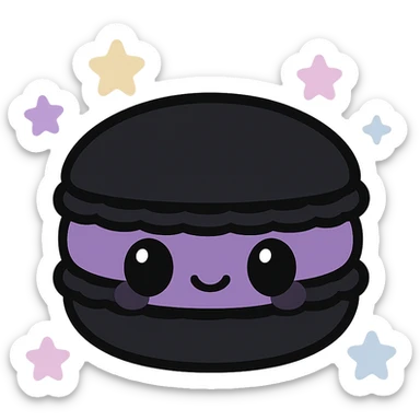 kawaii style gothic macaron, smiling face, black and purple colors, pastel stars, adorable and mysterious sticker