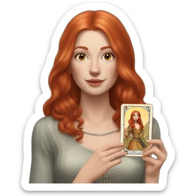 redhead white woman medium long straight hair, holding a tarot card in her hand sticker
