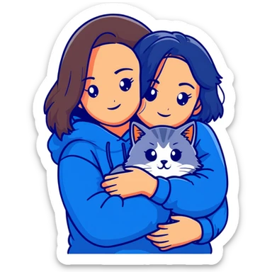 Brunette girl with dark blue sweatshirt cuddling a fluffy grey Siberian cat, detailed illustration sticker