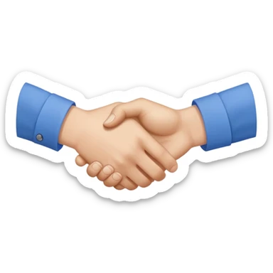 Close-up of a handshake gesture, both hands wearing blue shirt sleeves sticker