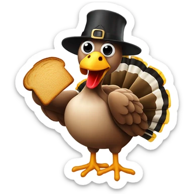 Turkey wearing hat, holding slice of black toasted bread with pan of oysters, fire sticker