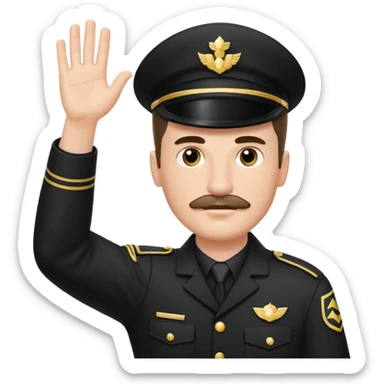 A white man with a small mustache raising one hand straight out like a Sieg Hail salute in Black SS uniform. The arm must be straight out with no bend in the elbow sticker