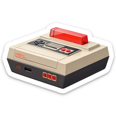 Clash of Clans aesthetic: Cinematic Playful NES Console Portrait Emoji, rendered in a 3D vector-style similar to standard emojis with minimal shading and bold, simplified shapes. A compact, distinct form with signature details, softly glowing with a nostalgic gaming charm. Simplified yet unmistakably iconic, highly detailed and consistent, glowing with a soft radiance and high shine. Stylized with a touch of retro gaming magic and a soft glowing outline, capturing the essence of a beloved gaming relic with a friendly, playful manner! sticker