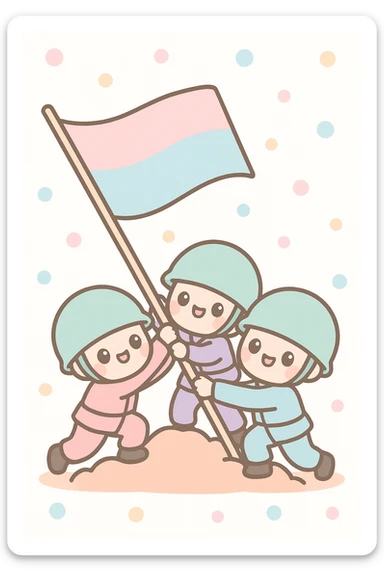 three soldiers pushing a flagpole inspired by the Raising the Flag on Iwo Jima photo, kawaii style, cute and playful, no text sticker