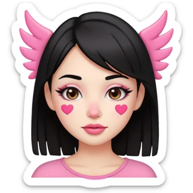 “Emoji girl, pastel pink streaks in black hair hair, bold winged eyeliner, heavy blush on cheeks and nose bridge, under-eye hearts, glossy pink lips, playful smirk.” sticker