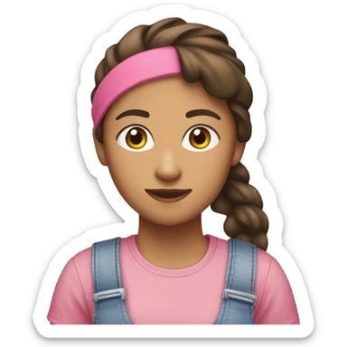 A white woman with brown hair in pony tail wearing pink headband, pink t shirt and overalls  sticker