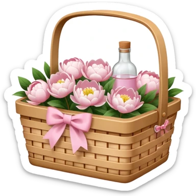 White Picnic basket with light pink bow and white peonies and a pink bottle inside sticker