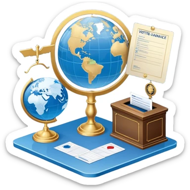 An icon featuring a podium with a speaker, a ballot box with a voting slip, and a globe, symbolizing political science. The design includes scales of justice and a world map in the background, representing governance and global politics. Transparent background highlights political analysis. sticker