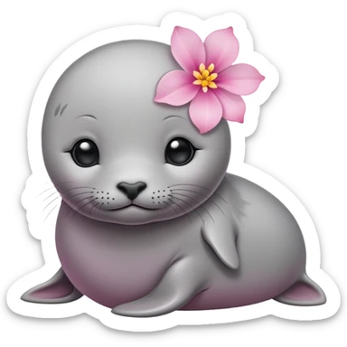 A small, slim baby seal resting gracefully with a delicate pink flower placed on its head.  Grey color sticker