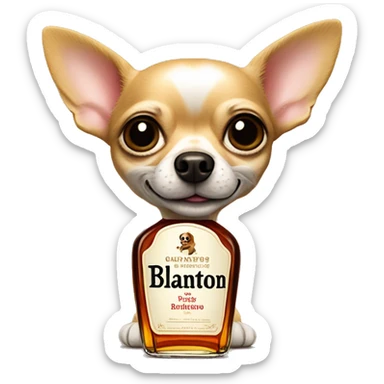 Chihuahua with a bottle of Blanton’s bourbon  sticker