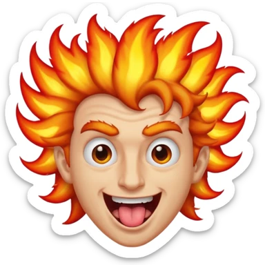man with wild hair, tongue out, eyes on fire, weird face sticker