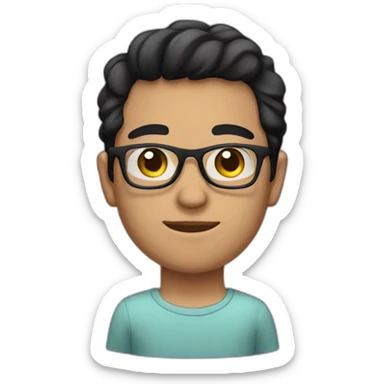 A fair young man with black eyes and black hair, glasses and a shirt sticker