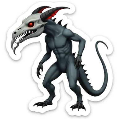 Shiny Dark Edgy  Salandit-Inteleon-Amaura-Fakémon-hybrid-creature (full body) with a horned animal-skull-mask sticker