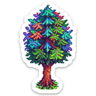 Terraria-style tree with vibrant LGBTQ+ rainbow colors, pixel art style, detailed and playful, no text sticker