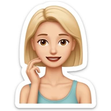 Woman holding herself neck with an awkward smile sticker