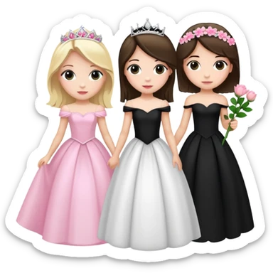 A blonde girl and a brunette girl, one in a black princess prom dress and another in a white dress with pink flowers on it for prom sticker