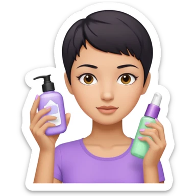 tan girl with pastel purple shirt with black hair & a pixie, doing her skin care sticker