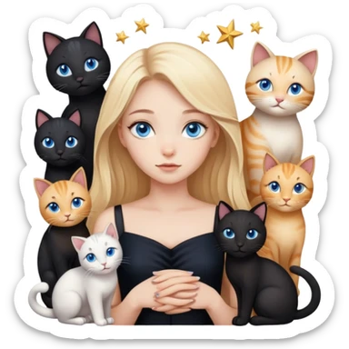 blonde girl with blue eyes zodiac stars in black dress with different cats sticker