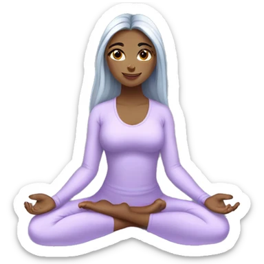silver long hair and blue eyes yoga girl in light lavander clothes sitting on a yoga mat sticker