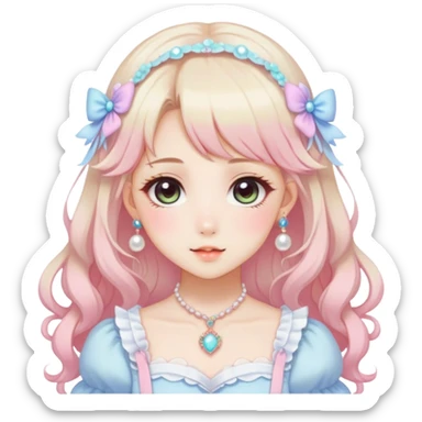 Gorgeous anime style lady with blushing face and accessories cottagecore fairycore Kawaii anime colorful pearly romantic aesthetic trending style sticker