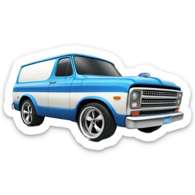 Side-on shot, Hot wheels, Hot rod, large panel van truck,1970 with exposed chrome exhaust pipes, blue, large wheels in back, large logo is Stinky’s Diaper Cleaner sticker