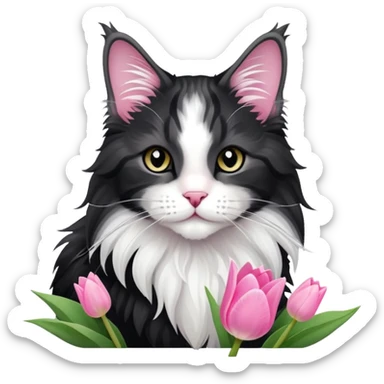 A cute  little  Black and white Maine coon and Pink tulip sticker