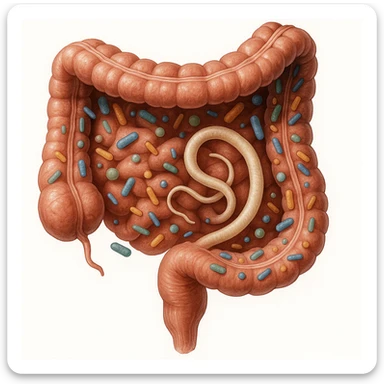 a medical illustration of a human realistic gut with bacteria and parasyte sticker