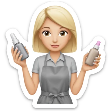 female nail master with small gel polish in hand in grey apron  sticker