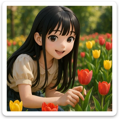 3D anime style girl with long black hair and thin bangs, smiling while picking tulips in a garden sticker