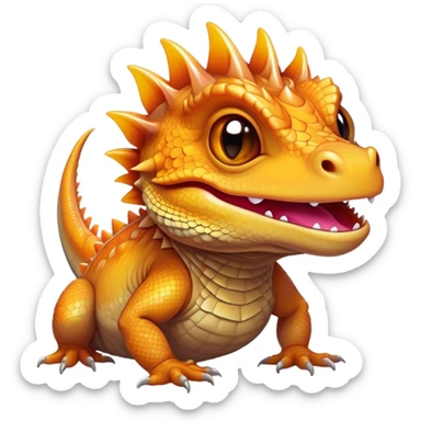 Cinematic Comical Bearded Dragon Portrait Emoji, Head tilted dramatically with an exaggeratedly amused expression, featuring a striking, glossy scaled hide with a quirky, spiky beard and wide, expressive eyes full of playful disbelief, Simplified yet hilariously expressive features, highly detailed, glowing with a slightly sassy glow, high shine, dramatic yet playful, stylized with an air of cheeky mischief, bright and endearing, soft glowing outline, capturing the essence of a spirited and over‐the‐top dragon, so meme‐worthy it feels like it could snap its jaws into internet fame instantly! sticker