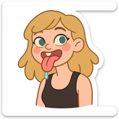 dirty blonde girl with blueish green eyes, black tank top, sticking tongue out and drooling sticker