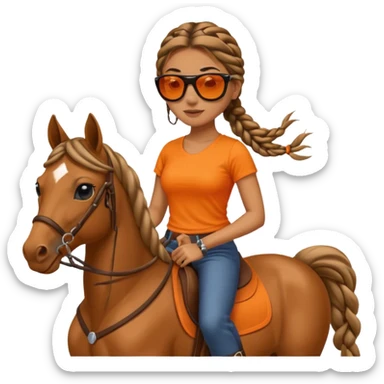 woman with long braids, sunglasses, orange top, riding a horse, simple bold emoji style sticker