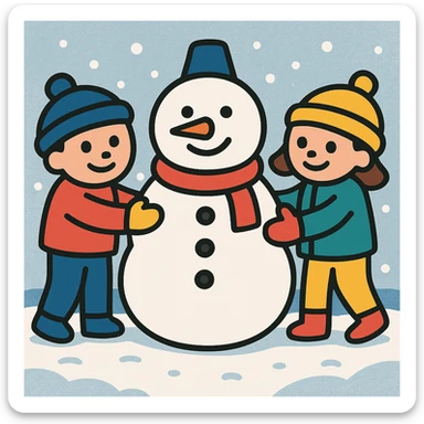 Add a snowy background behind the kids building a snowman, keep the original color outline icon style sticker