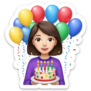 brunette girl with balloons and birthday cake, cheerful, confetti, party atmosphere sticker