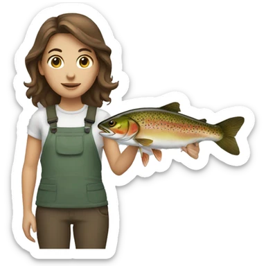 Brown haired girl holding trout sticker