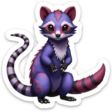 Rare warm-colored exotic gloomy tropical edgy cute epic aesthetic spooky indigo purple white black red gothic colorful Salandit-Furret-Civet-species-Fakemon-hybrid-creature, with tribal tattoo markings, full body sticker