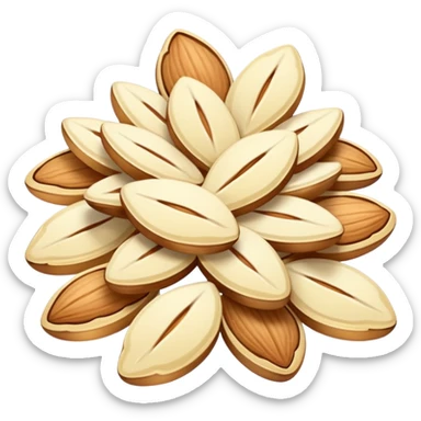cluster of thin almond slices, ivory to pale gold, natural irregular shapes, some glossy, some matte, soft lighting, subtle shadows, no bowl or utensils, no faces, transparent background, emoji scale sticker