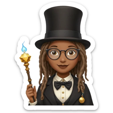Black female with dread lock hair and large glasses in a top hat with a magic wand sticker