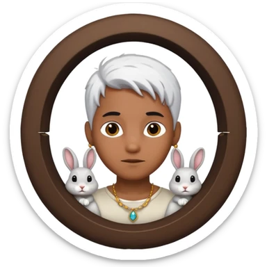 brown skinned boy with half white hair and half black hair with jewellery in a rabbit hole sticker