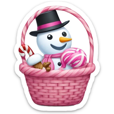 A basket with a pink candy cane and a snowman sticking out of it  sticker