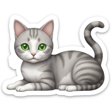 full body tiny short hair grey and white cat with white front legs and green  eyes lying down sticker