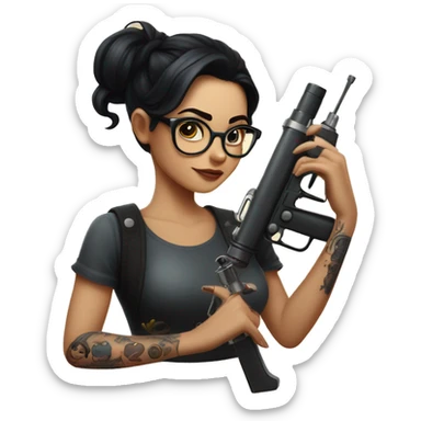 dark haired girl with glasses and a tattoo gun in one hand and a book in the other with the european stars circle in the background sticker