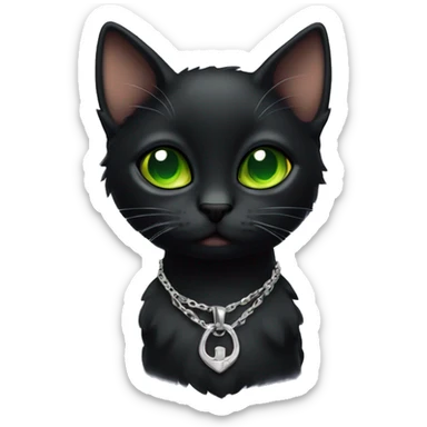 Skinny runt of the litter Black cat with green eyes wearing a silver locket sticker