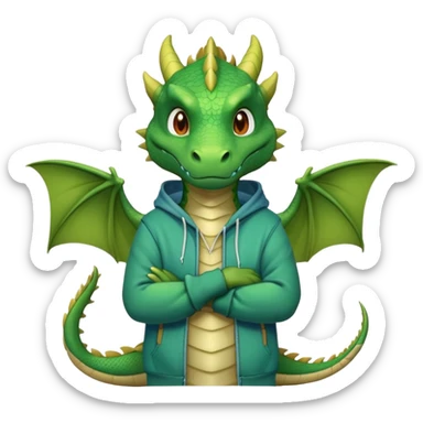 friendly anthropomorphised green dragon in a hoodie and jeans standing upright with arms folded sticker