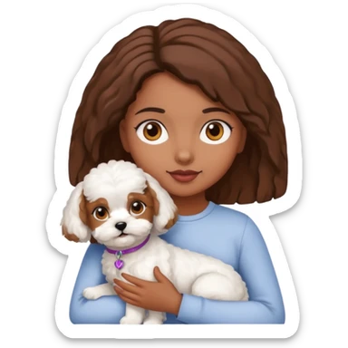 Chica morena ojos marrones con un bichón maltés en los brazos sticker