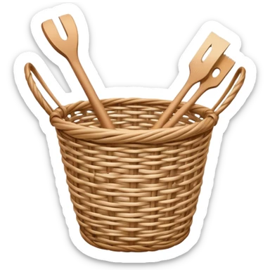 Wicker weaving icon, flexible wicker branches woven into a basket or decorative object, weaving tools like a knife or awl, intricate patterns, minimalistic style, clean lines, transparent background. sticker