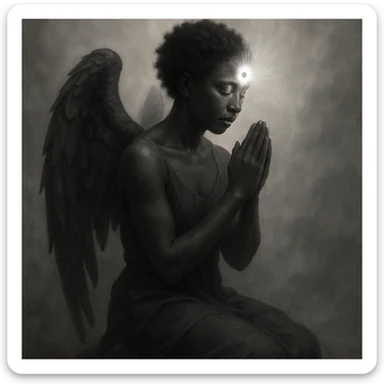 a black angel kneeling in prayer, third eye radiating light, misty ethereal background sticker