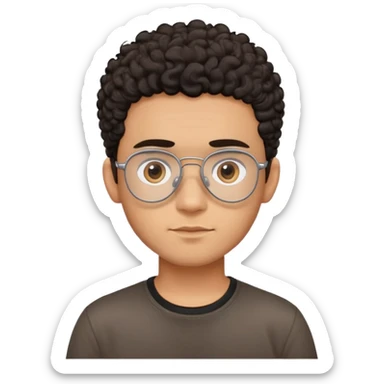 Young Latino male with small oval face, prominent forehead, aviator eyeglasses with metal frames, completely shaved sides with minimal dark curly hair on top only, gentle neutral expression, brown skin tone, simple black t-shirt sticker