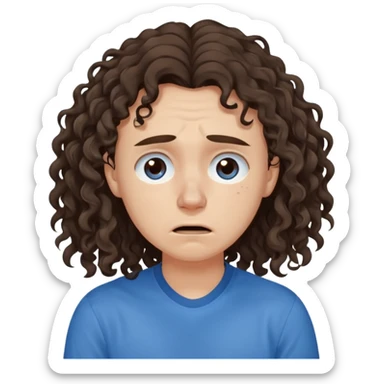 white young long dark brown CURLY hair, with a blue shirt, in despair crying, brown eyes, septum nose piercing sticker