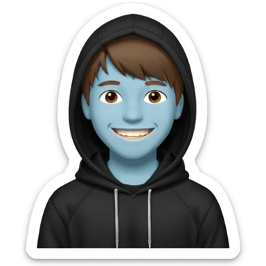 20 yr old man, brown hair, straight, big smile, white teeth, tanned skin, bangs, black hooded sweatshirt, long hair in back, middle parted bangs sticker